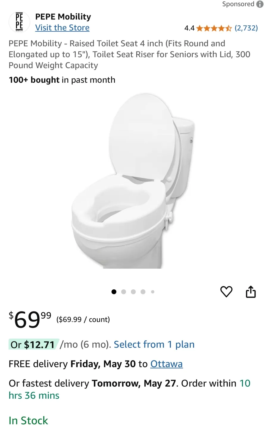 PEPE Mobility Raised Toilet Seat with Lid - 4 inch thumbnail