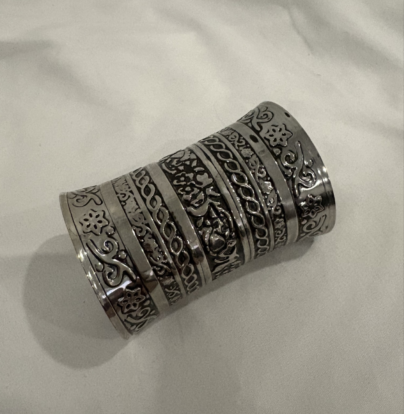 Silver Metal Cuff Bracelet with Intricate Floral Design