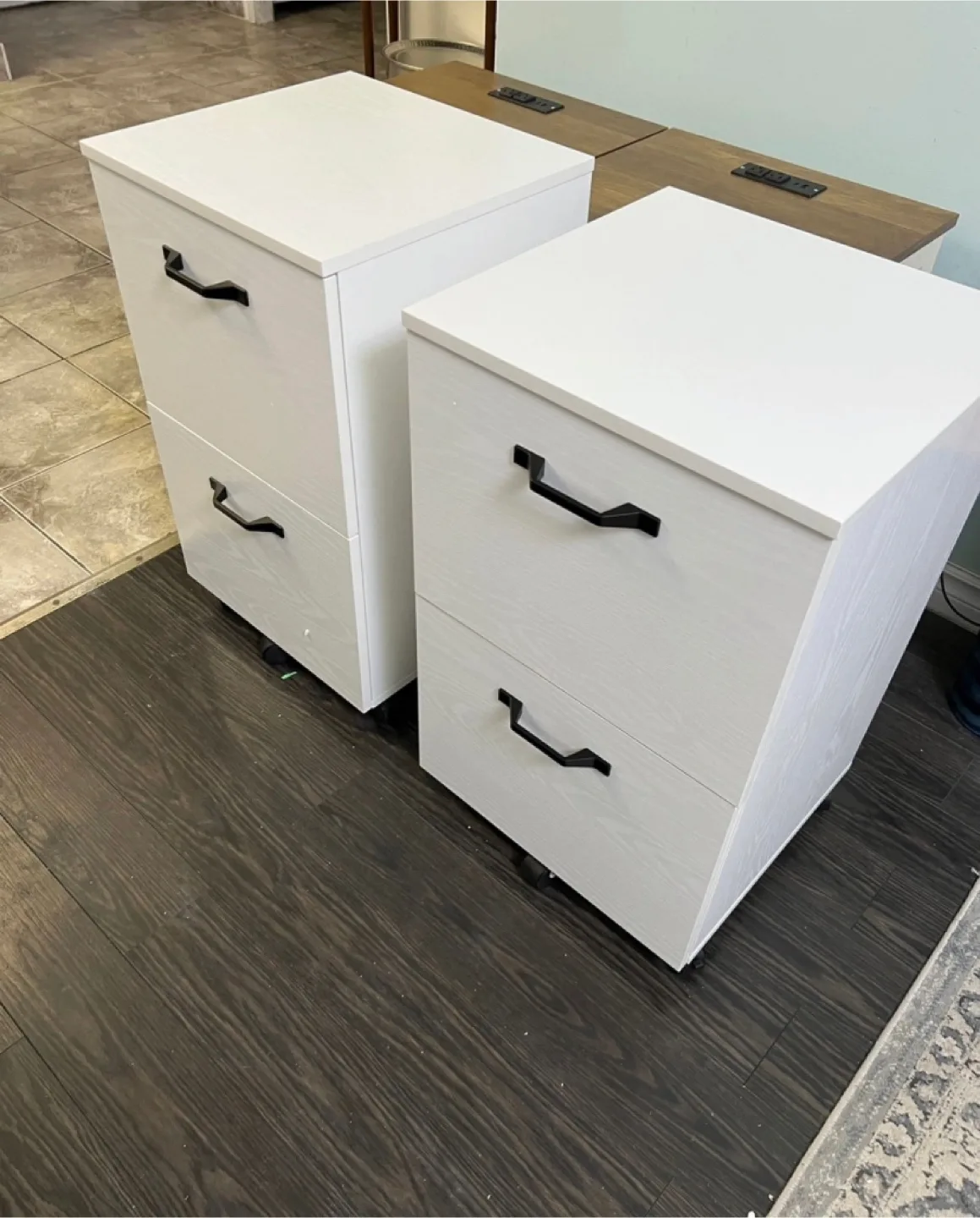 Pair of White Lateral Filing Cabinets with Black Handles image indicator(2)