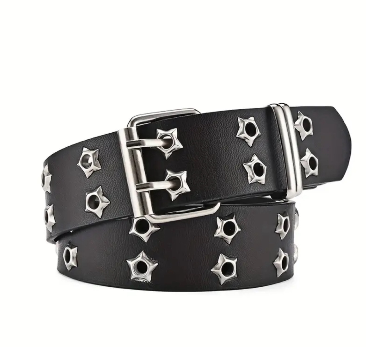 Black Leather Belt with Star-Shaped Metal Studs