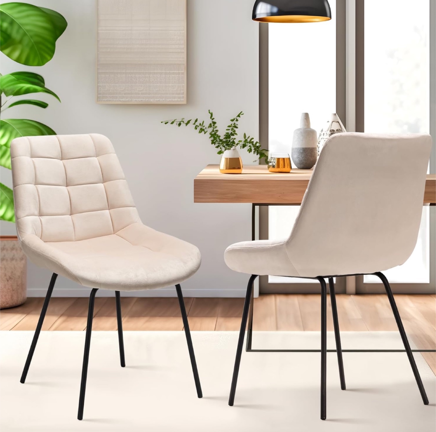 Pair of Beige Velvet Dining Chairs with Black Legs