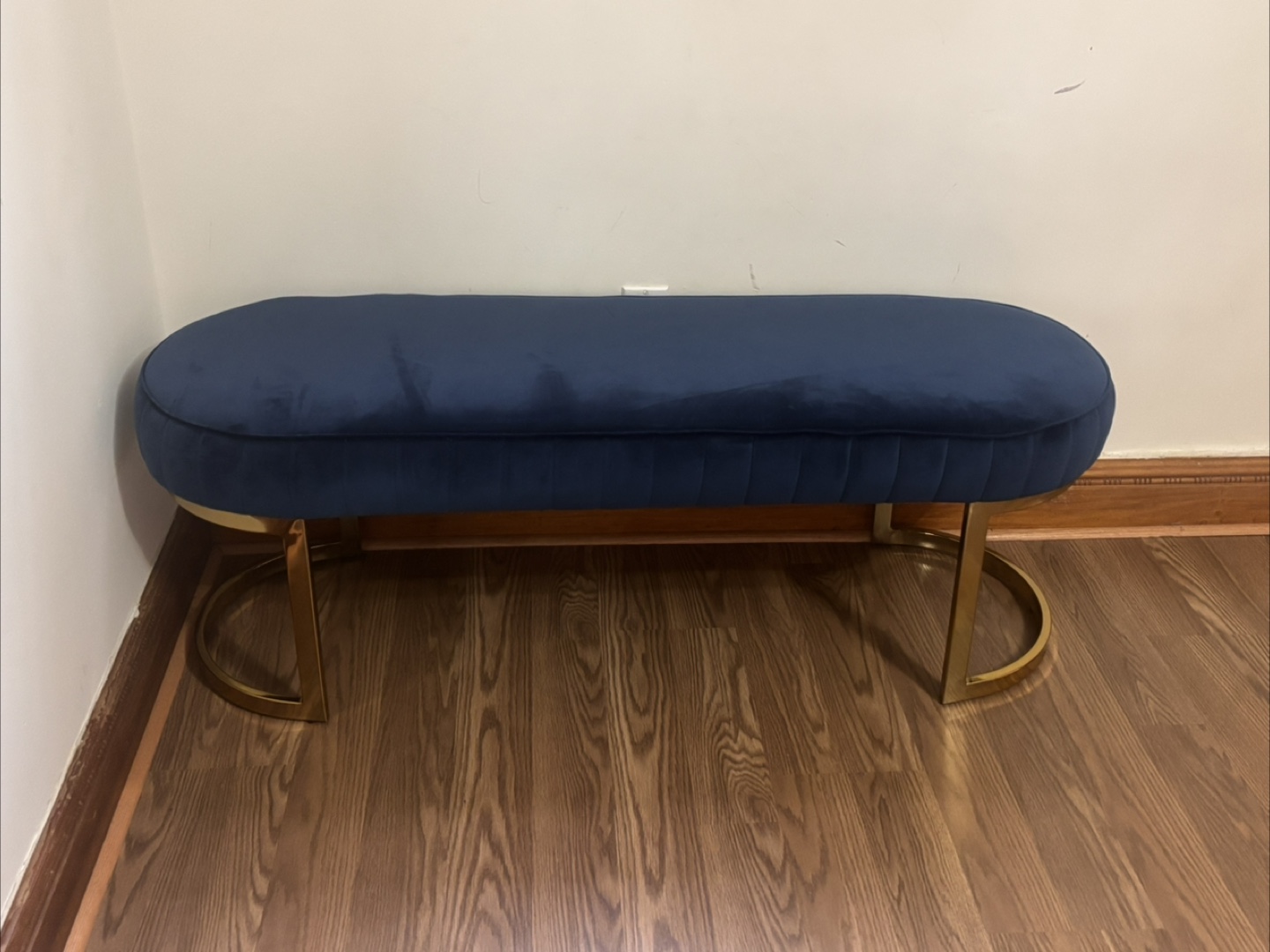 Navy Blue Velvet Bench with Gold Legs