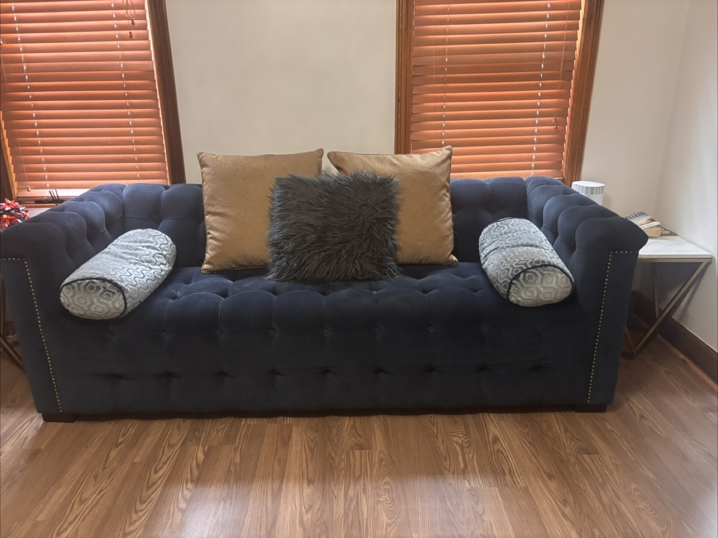 Raymour & Flanigan Dark Blue Velvet Button Tufted Sofa