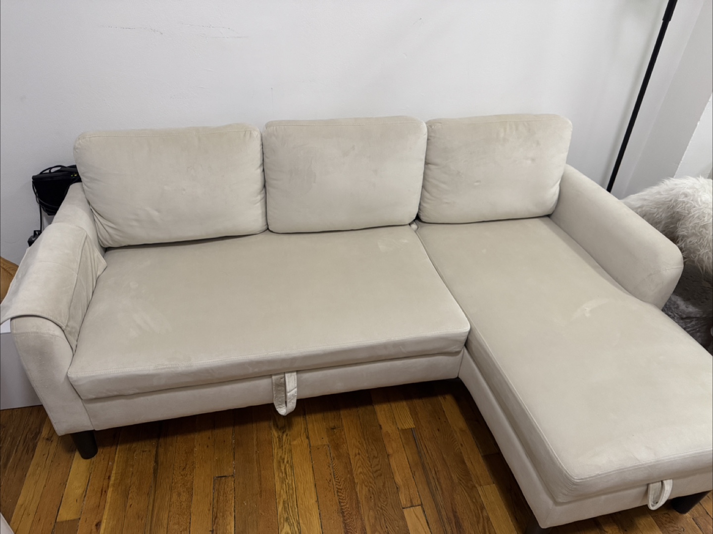 Beige Velvet Sectional Sleeper Sofa with Storage