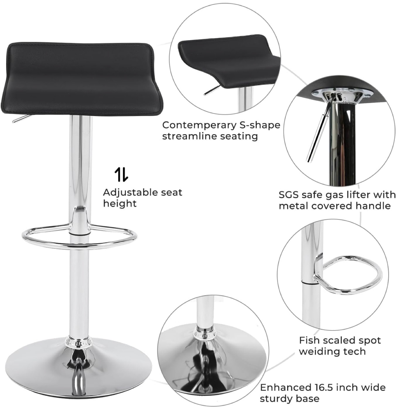 Pair of Black PU Leather Adjustable Bar Stools - photo 2
