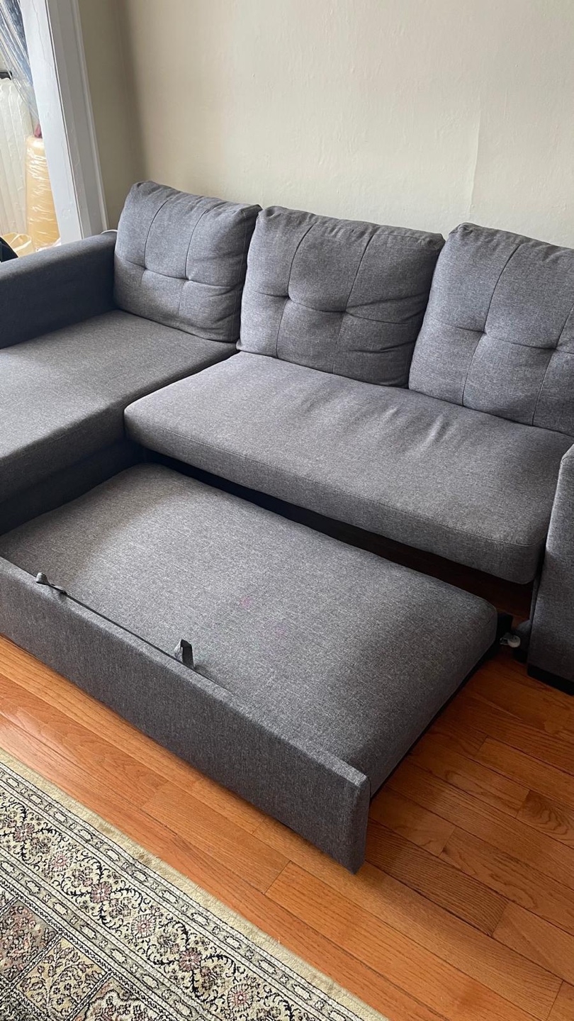 Grey L-Shaped Sectional Sofa with Pull-Out Sleeper with storage