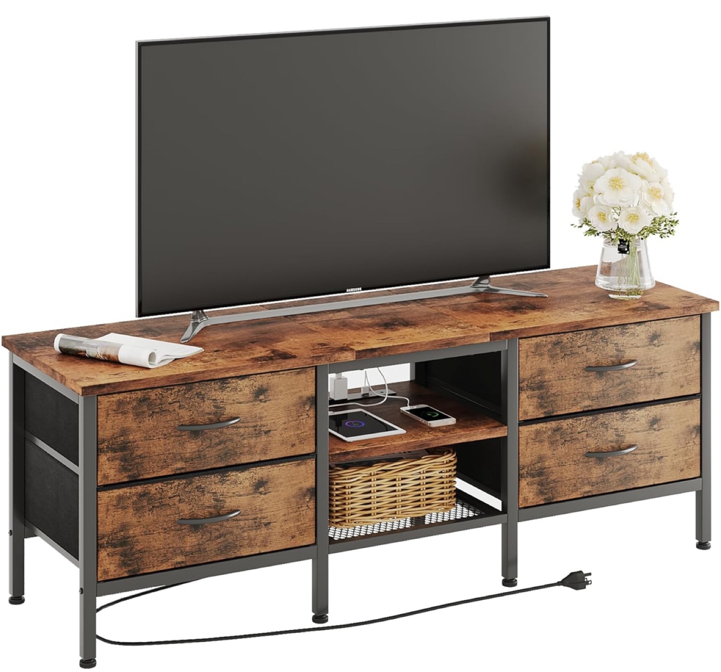 Rustic Industrial TV Stand with Storage and Power Outlets - photo 3