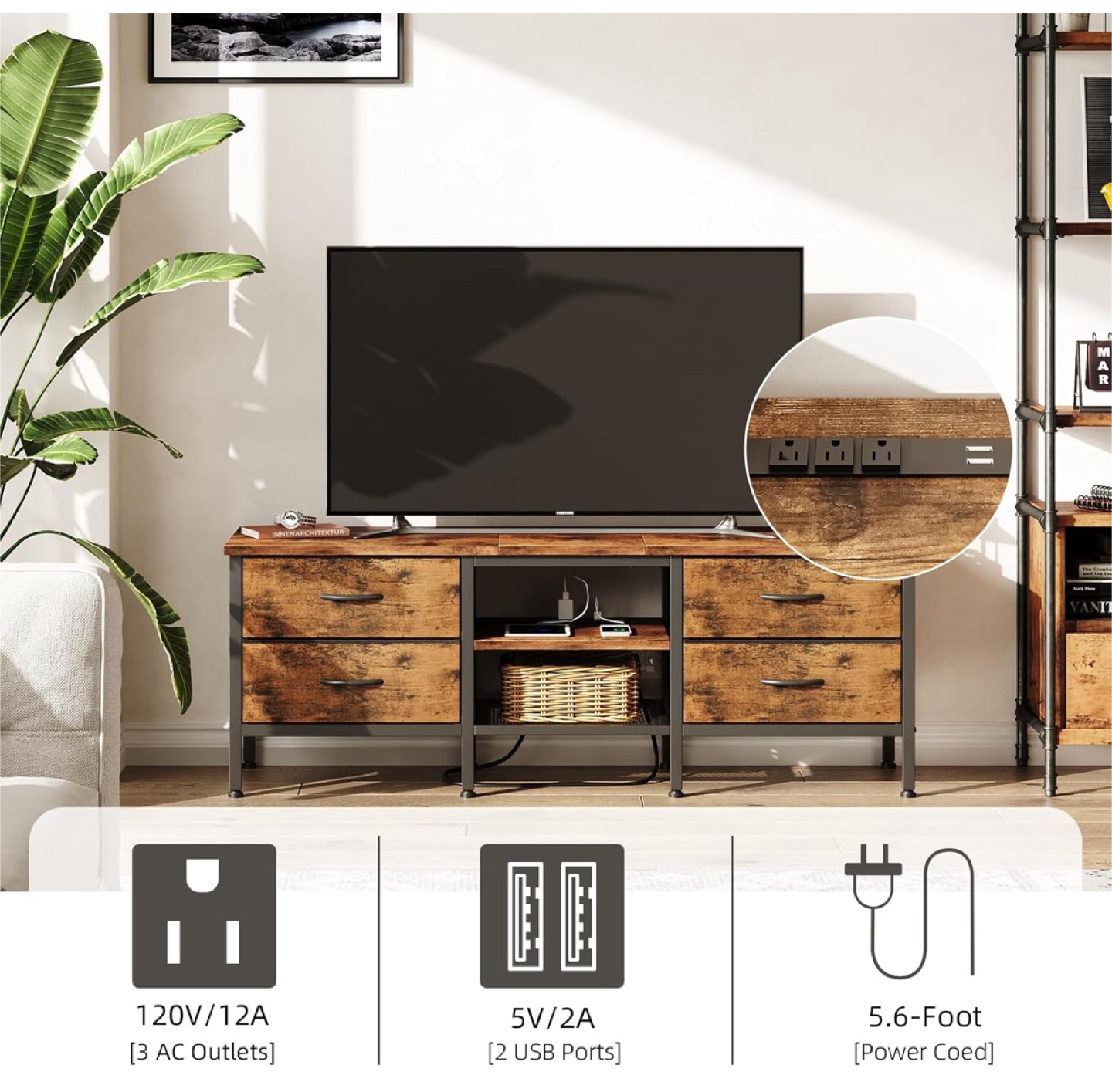 Rustic Industrial TV Stand with Storage and Power Outlets - photo 2