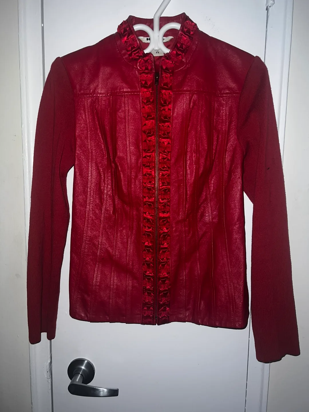 Peter Nygard Red Leather Ruffled Studded Jacket Sz 8 image indicator(4)