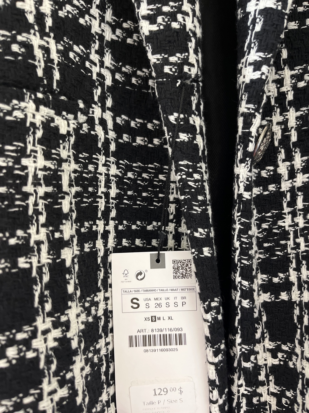 Zara Black and White Tweed Blazer - Size Small - photo 2