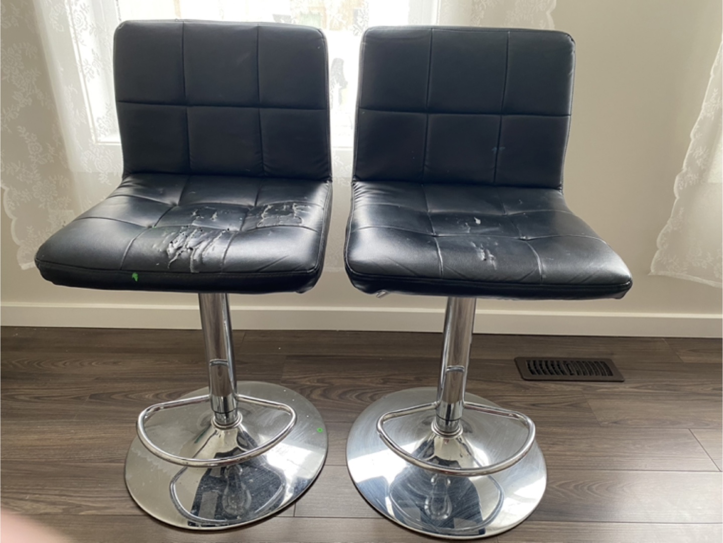 Two Bar Stools with chrome Bases & Footrests.