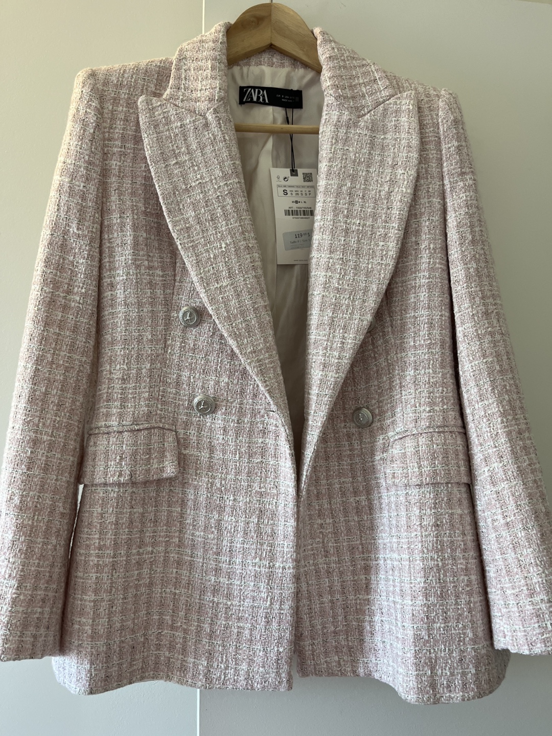 Zara Pink Tweed Double Breasted Blazer - Size Small