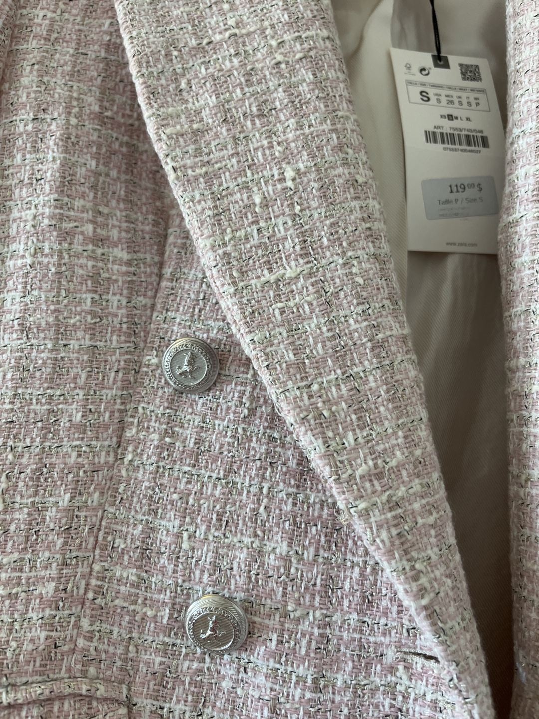 Zara Pink Tweed Double Breasted Blazer - Size Small - photo 2