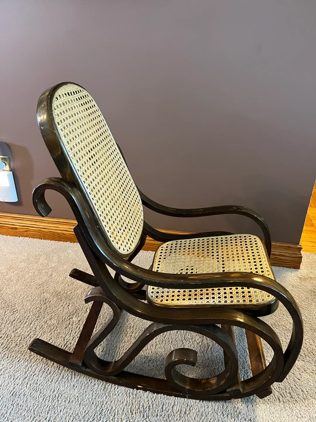 Vintage Child's Wooden Rocking Chair with Cane Seat thumbnail