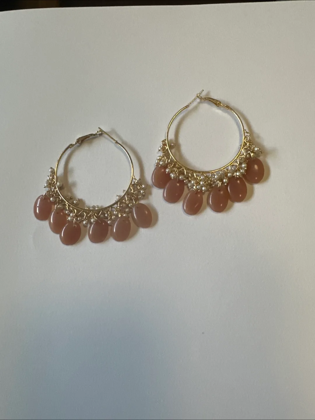 Gold Hoop Earrings with light brown  and White Beads thumbnail