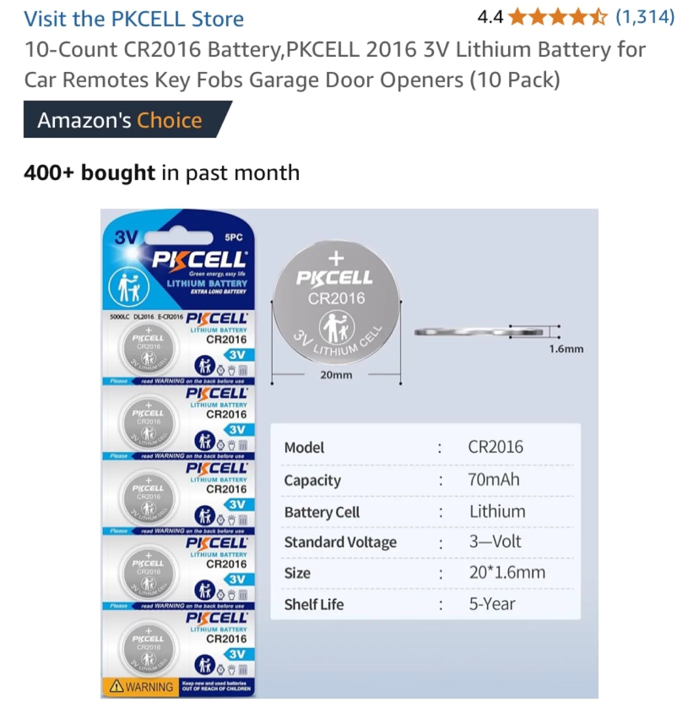 PKCELL CR2016 3V Lithium Batteries (5 Pack) thumbnail