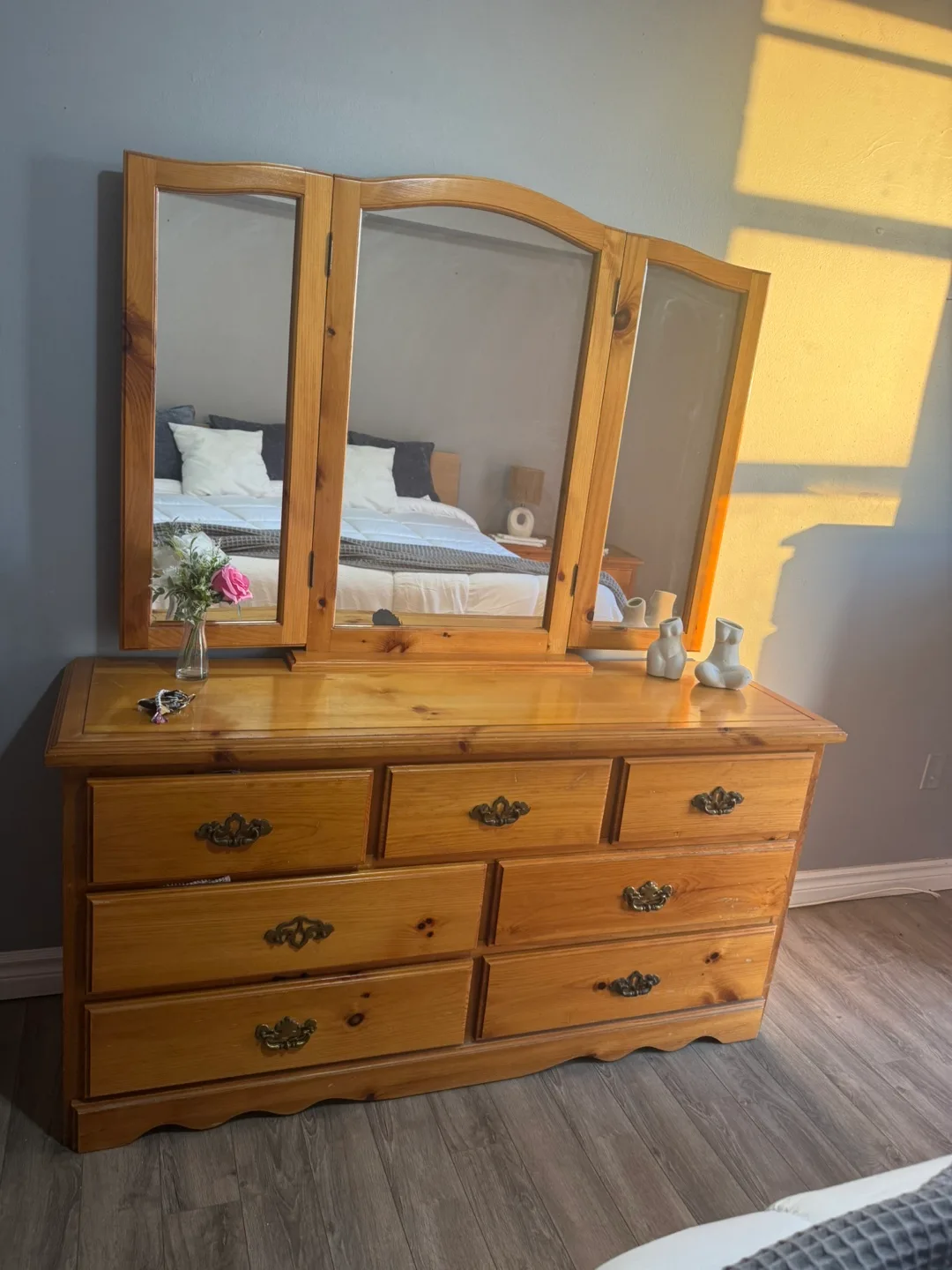 Pine Bedroom Furniture Set - Dresser, Nightstands, and Mirror