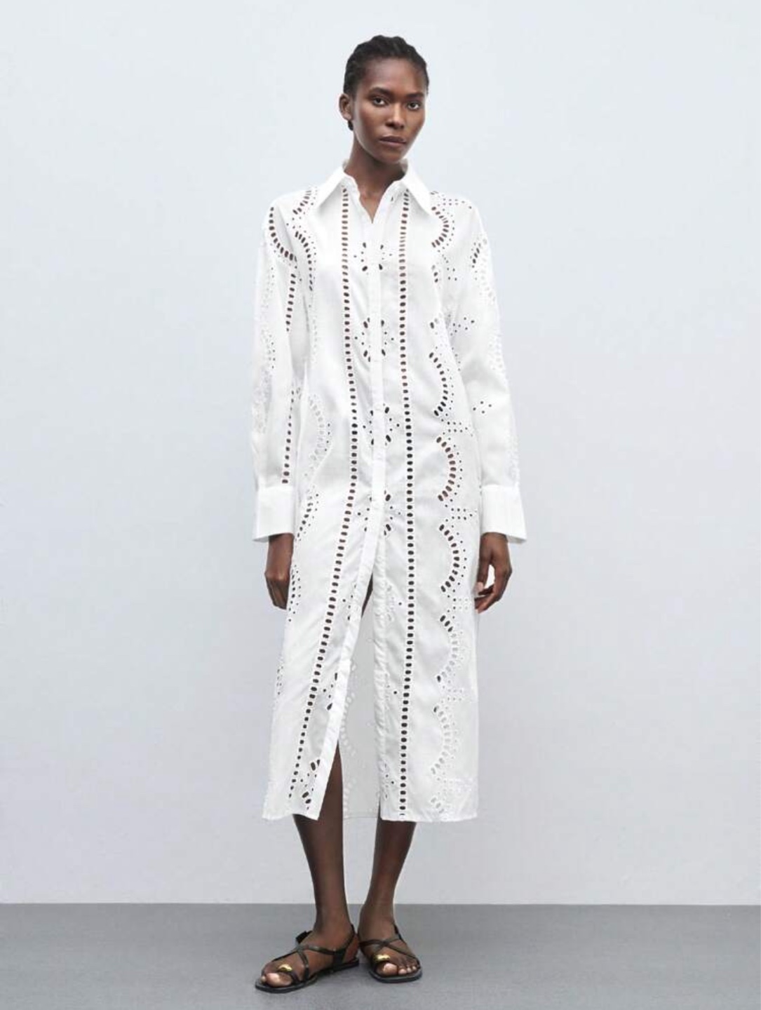 Zara White Eyelet Detail Midi Shirt Dress