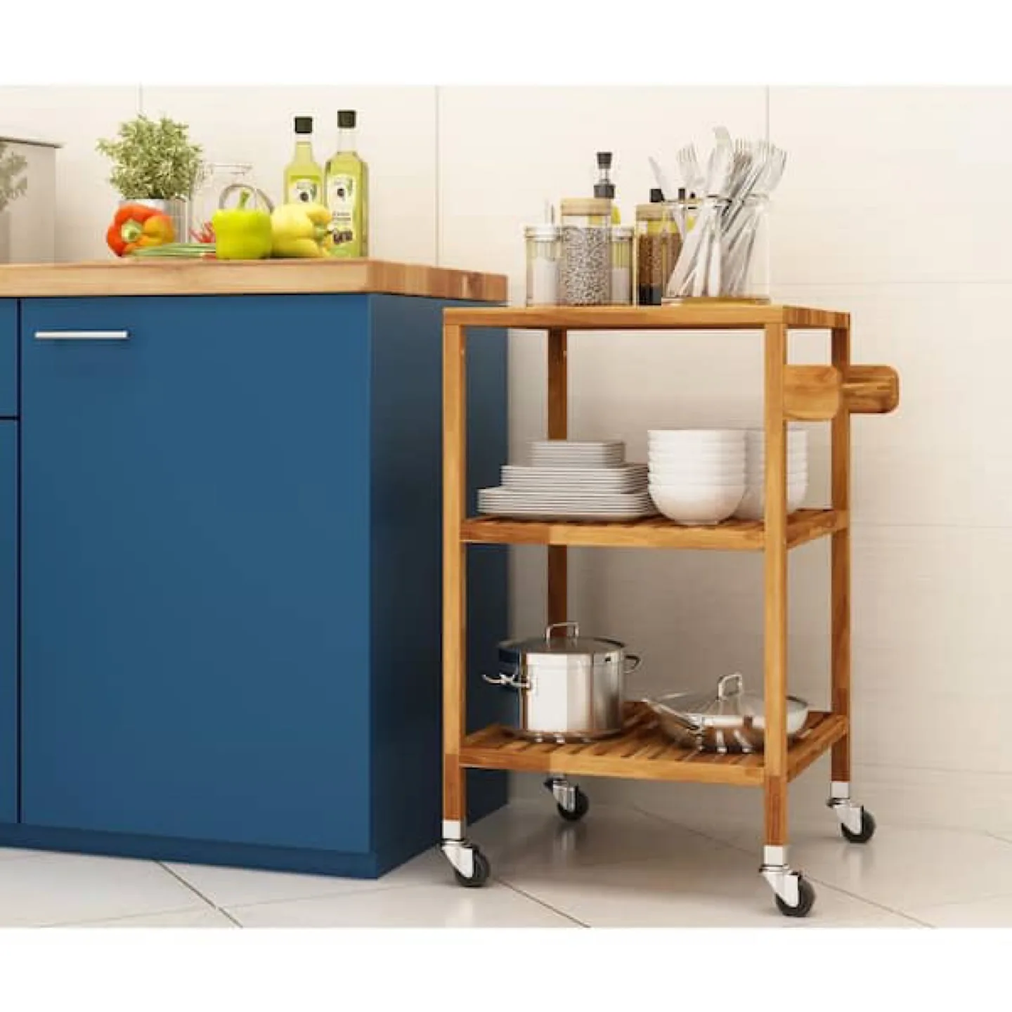 3 Tier Solid Acacia Kitchen Cart, Golden Teak image indicator(2)