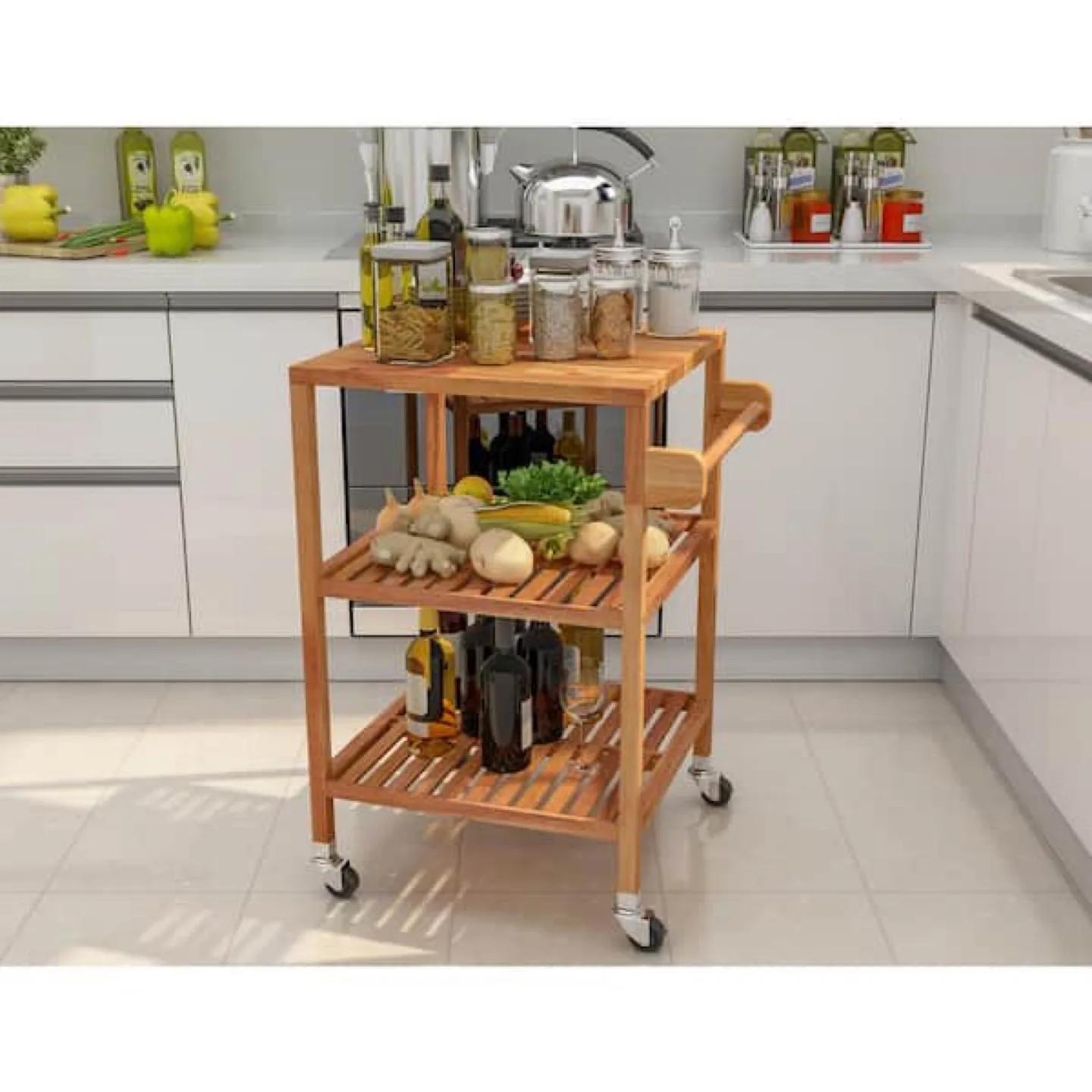 3 Tier Solid Acacia Kitchen Cart, Golden Teak image indicator(5)