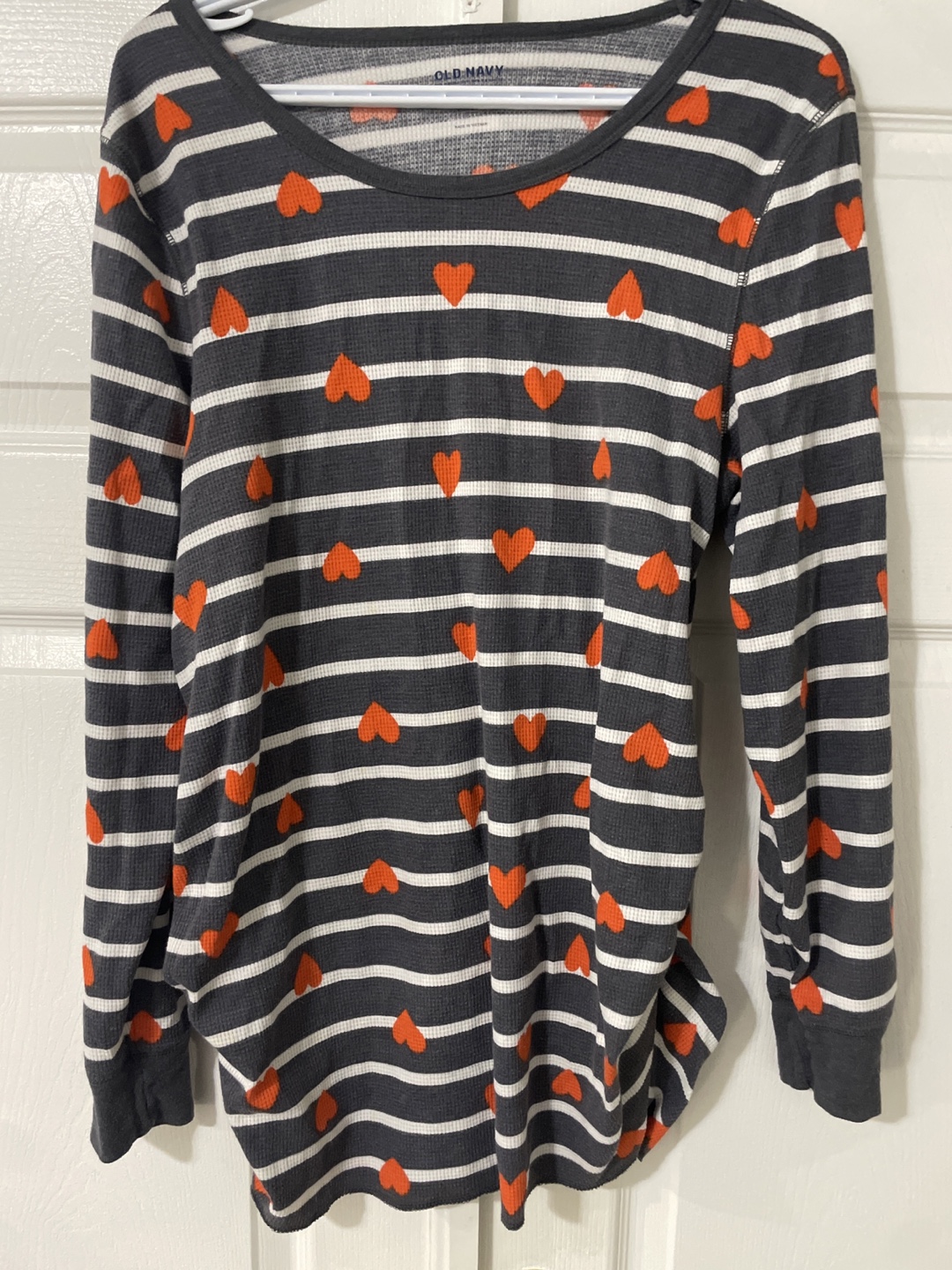Old Navy Grey and White Striped Thermal Top with Red Hearts