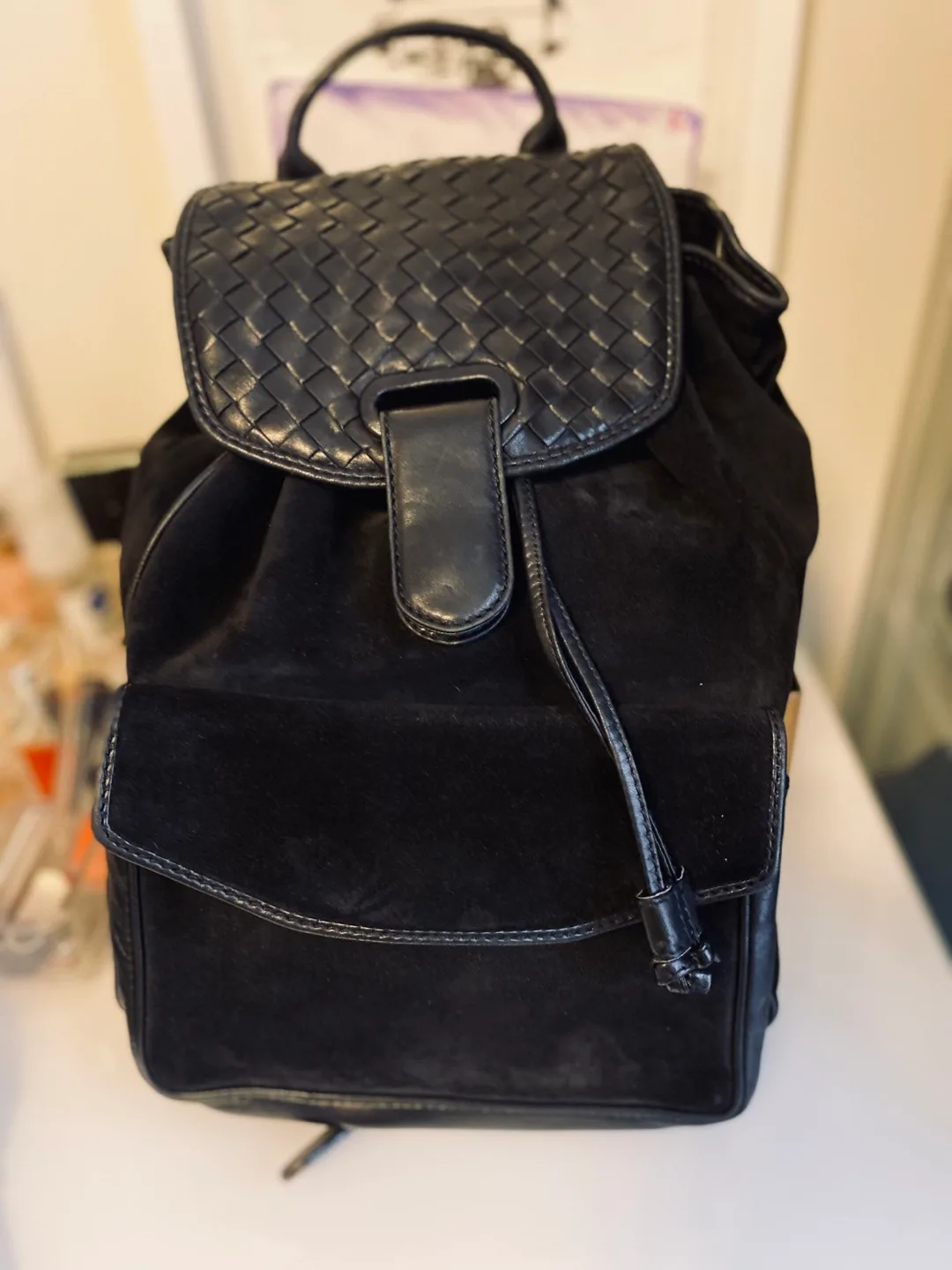 Bottega Veneta Black Suede Backpac Woven Leather Detail thumbnail