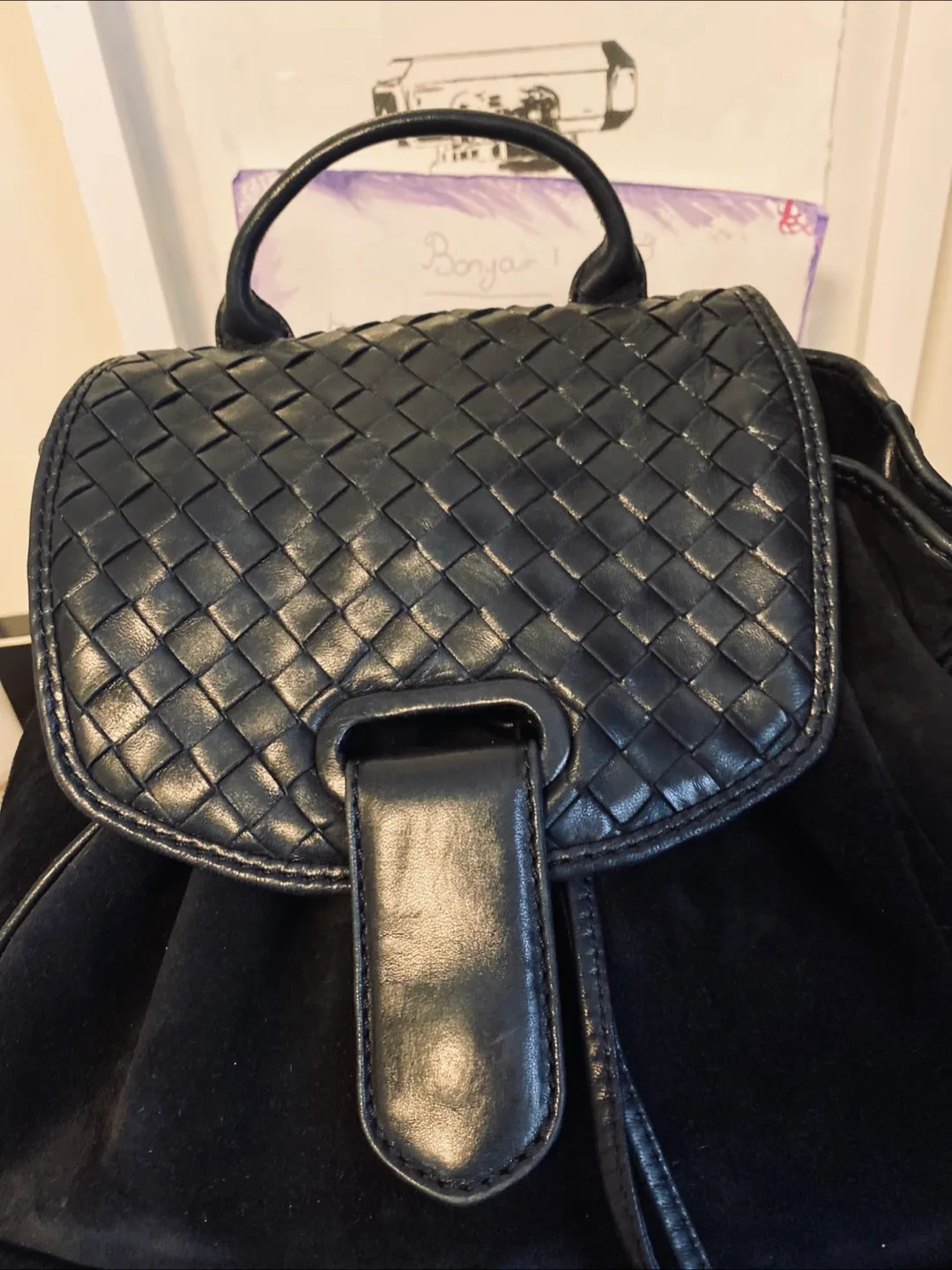 Bottega Veneta Black Suede Backpac Woven Leather Detail image indicator(2)