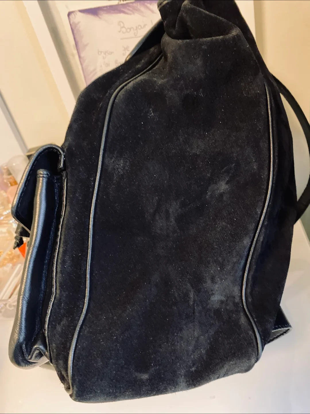 Bottega Veneta Black Suede Backpac Woven Leather Detail image indicator(3)