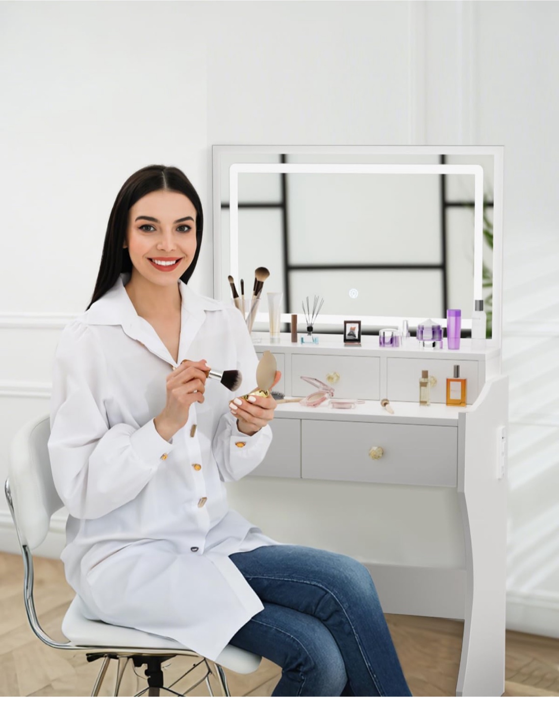 White LED Vanity Set with Mirror and Stool - photo 4