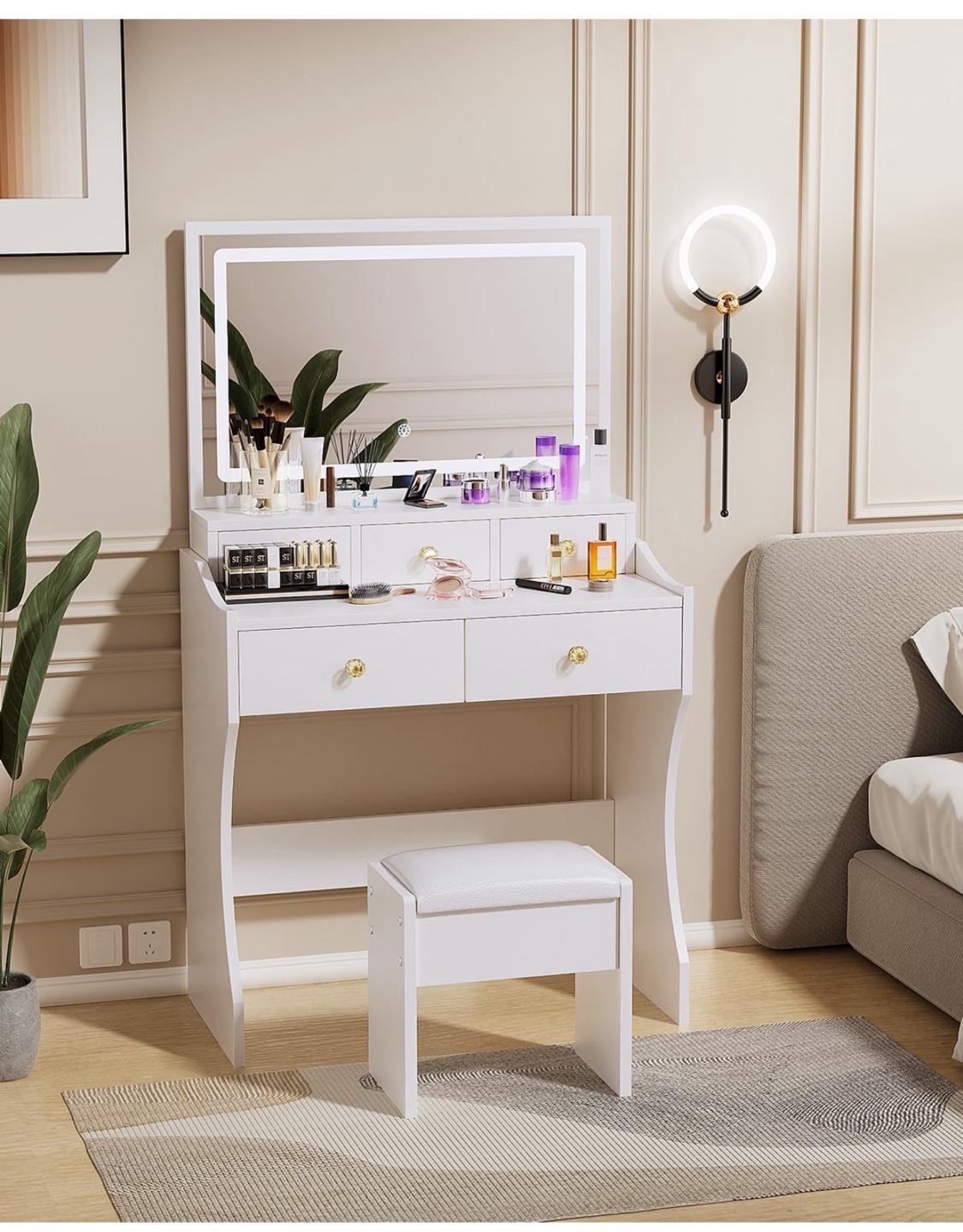 White LED Vanity Set with Mirror and Stool