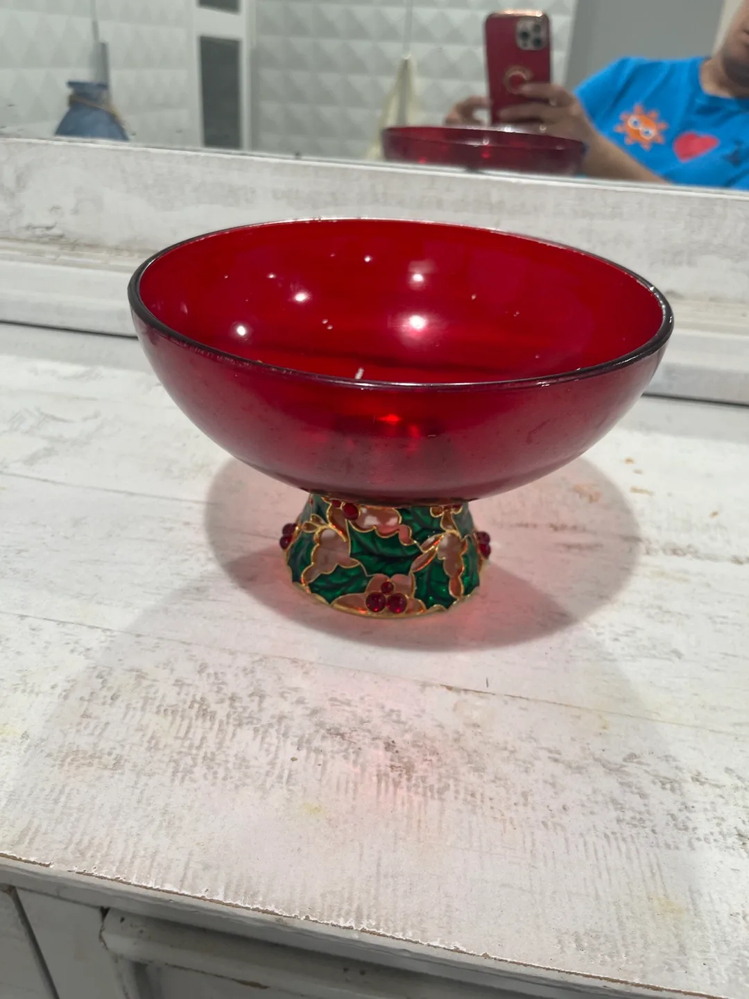 Red Glass Bowl with Decorative Stand thumbnail