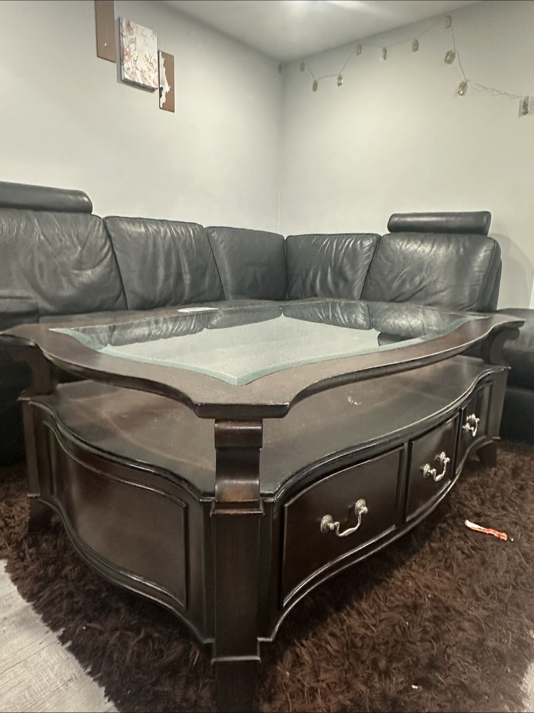 Dark Brown Wooden Coffee Table with Glass Top and Drawers - photo 2