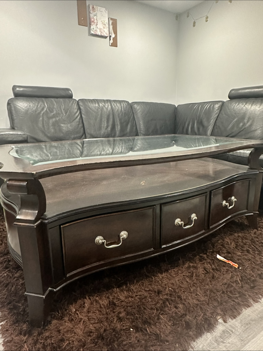 Dark Brown Wooden Coffee Table with Glass Top and Drawers