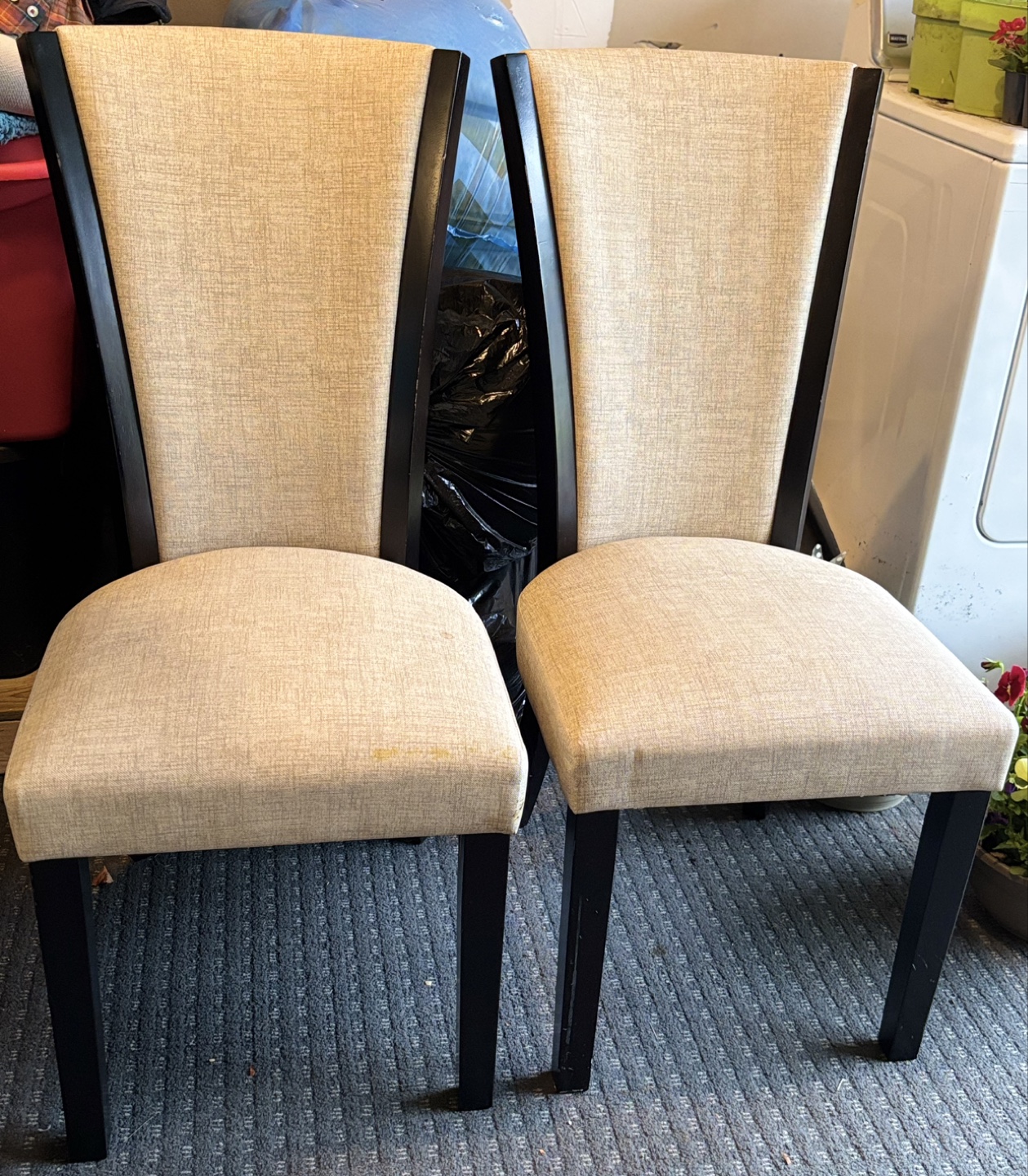 4 Pair of Beige Fabric Dining Chairs with Black Legs