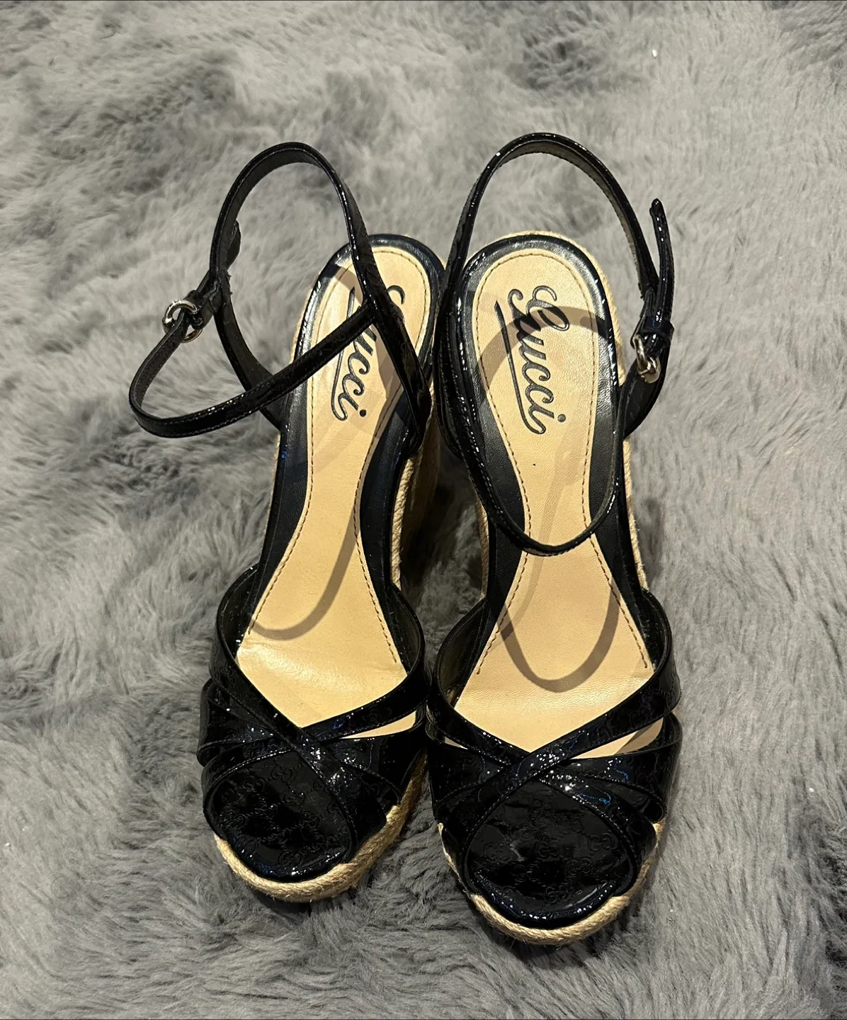 Gucci Black Patent Leather Wedge Sandals thumbnail
