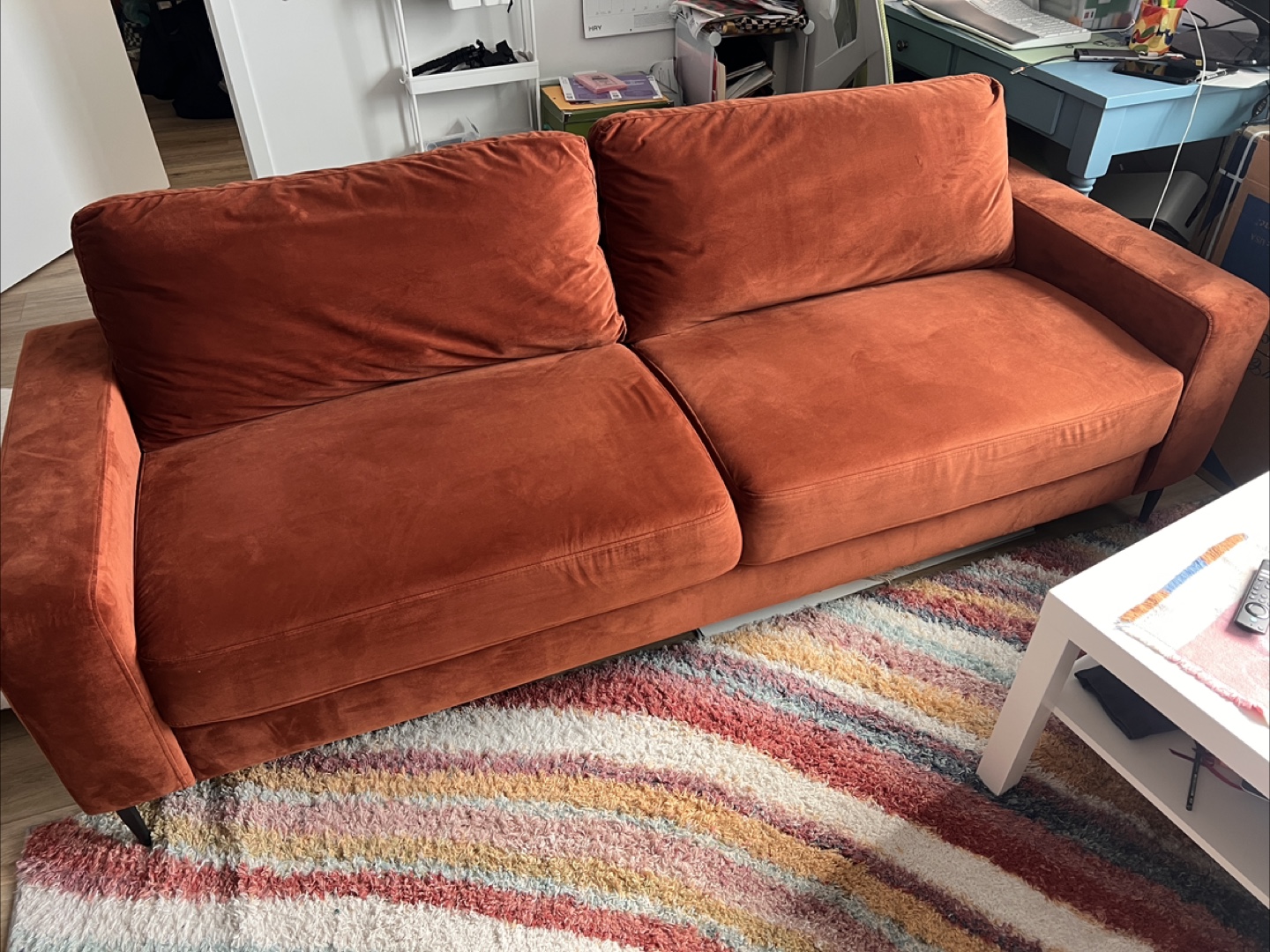 rust orange velvet couch