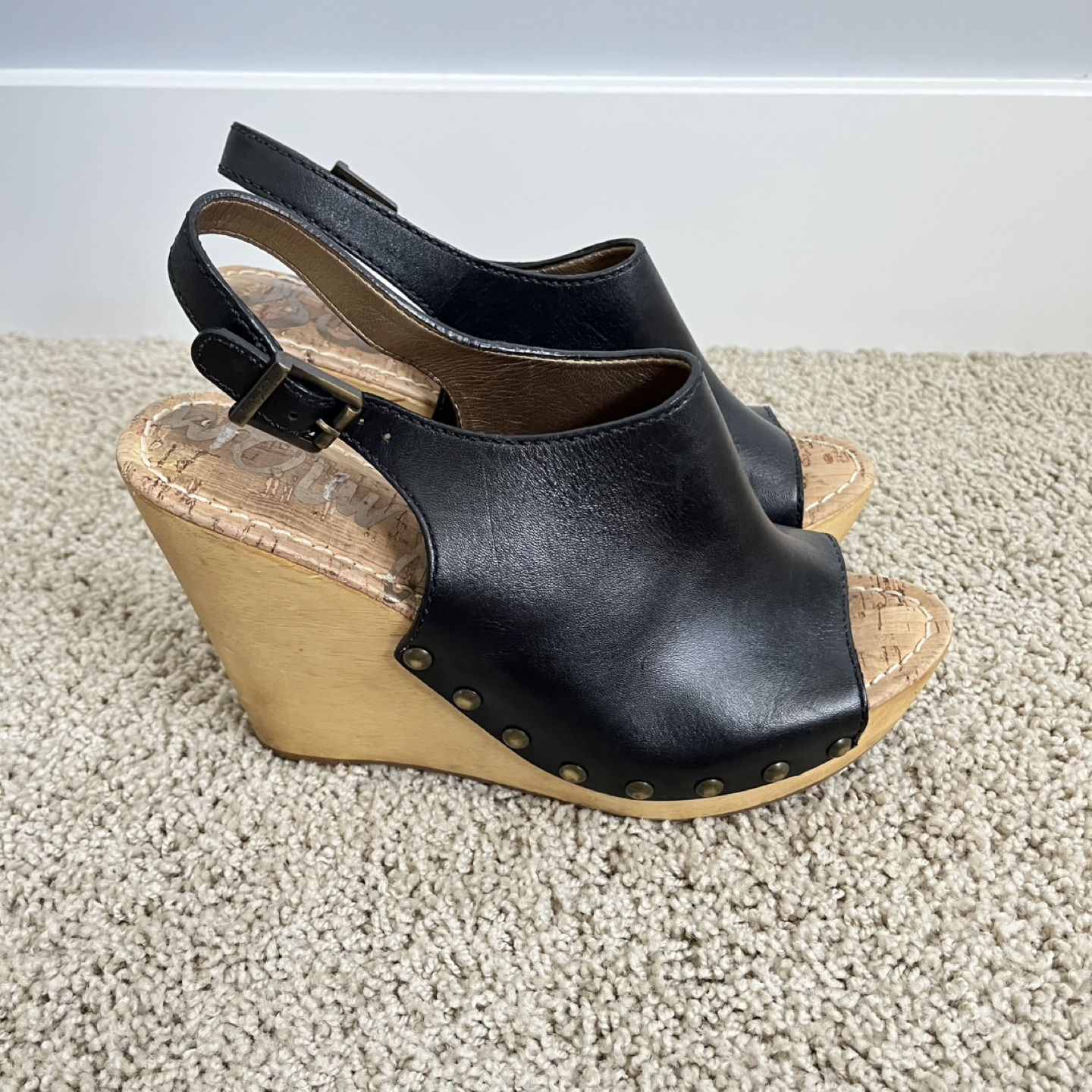 Sam Edelman Black Leather Studded Wedge Sandals