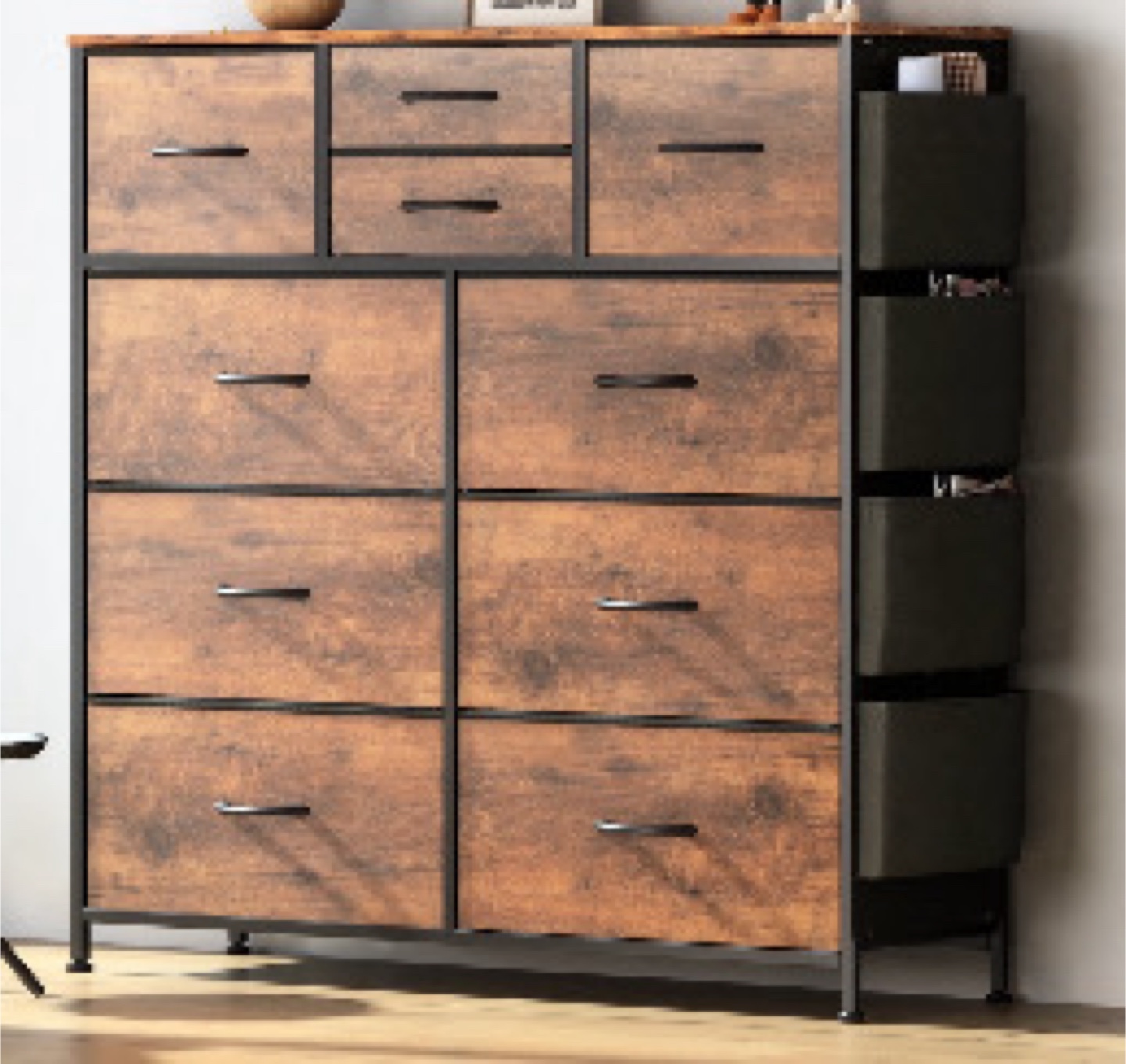 Rustic 11-Drawer Dresser with Fabric Storage