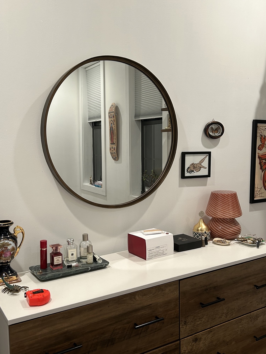 Round Wall Mirror with Dark Brown Bronze Frame - photo 2