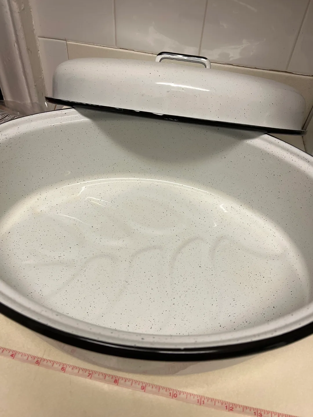 Vintage Speckled White Enamel Roasting Pan with Lid image indicator(3)