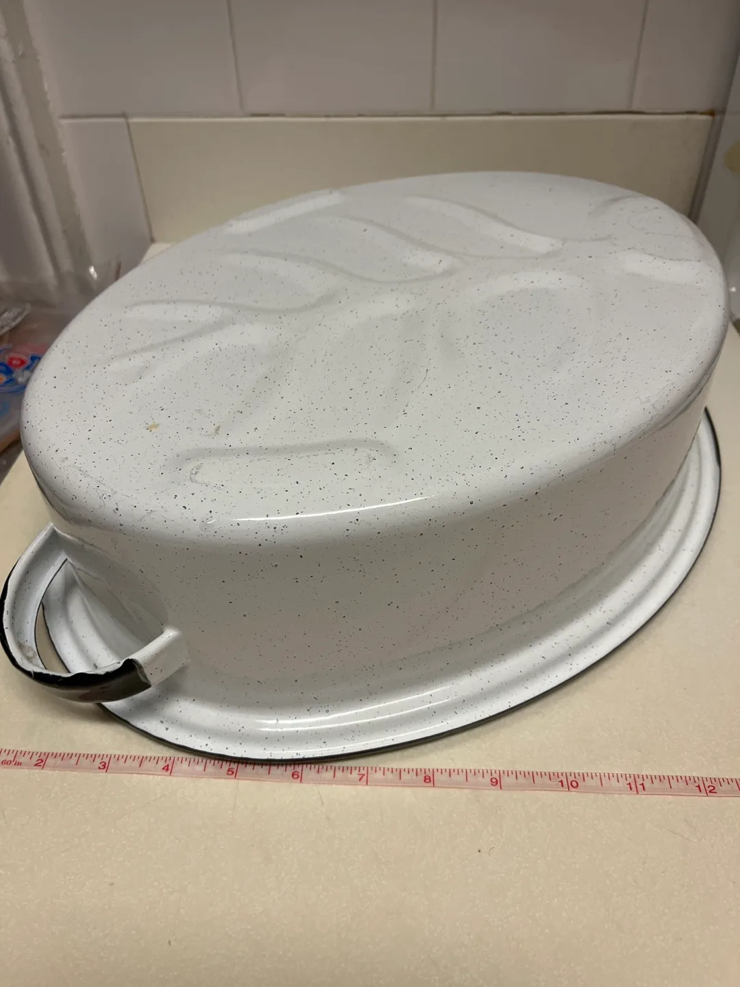 Vintage Speckled White Enamel Roasting Pan with Lid image indicator(5)