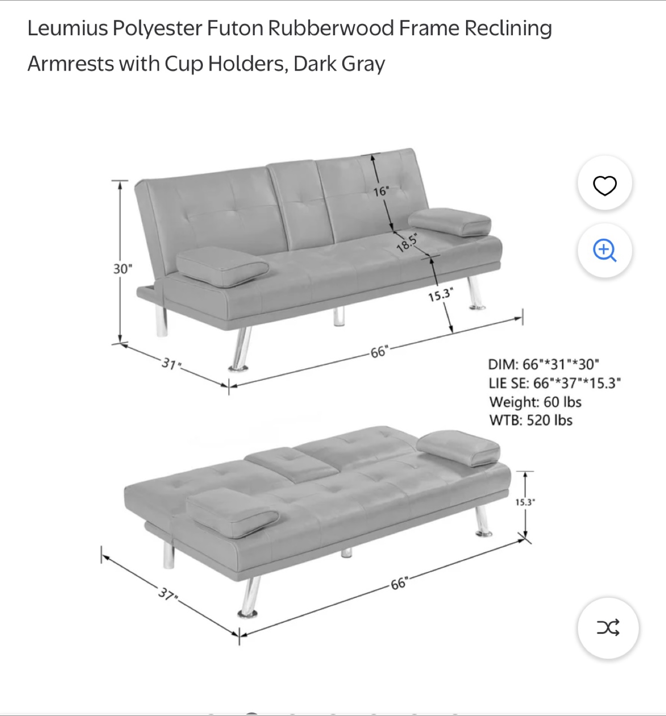 Leumius Futon Sofa Bed, Dark Gray - photo 3