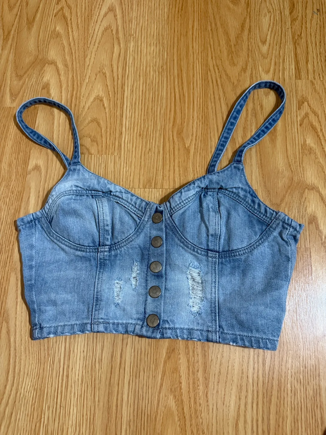 Topshop Light Wash Denim Button Up Crop Top Size 6 thumbnail