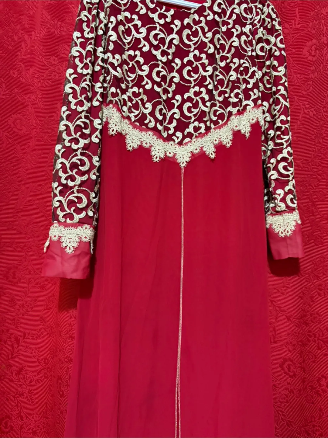 Gorgeous Red Long Dress with Gold Embroidery - Size 14 thumbnail