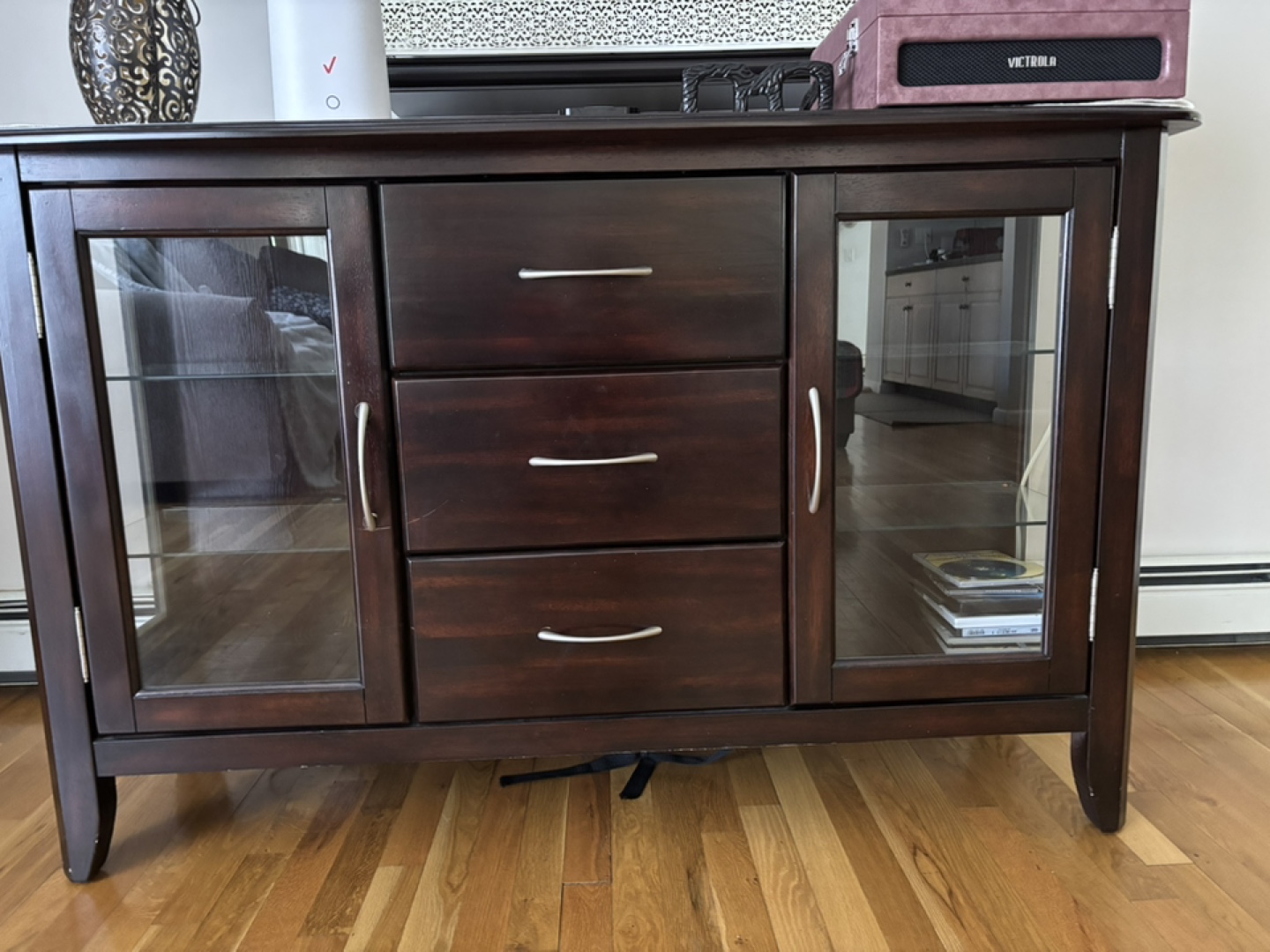 Dark Wood Cabinet with Glass Doors