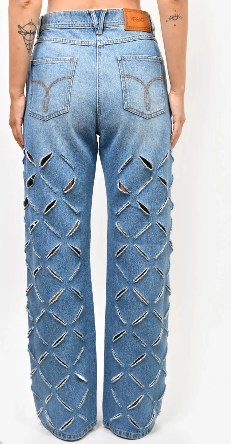 Authentic VERSACE Blue Denim Cut-Out Wide Leg Jeans Size 27 image indicator(4)