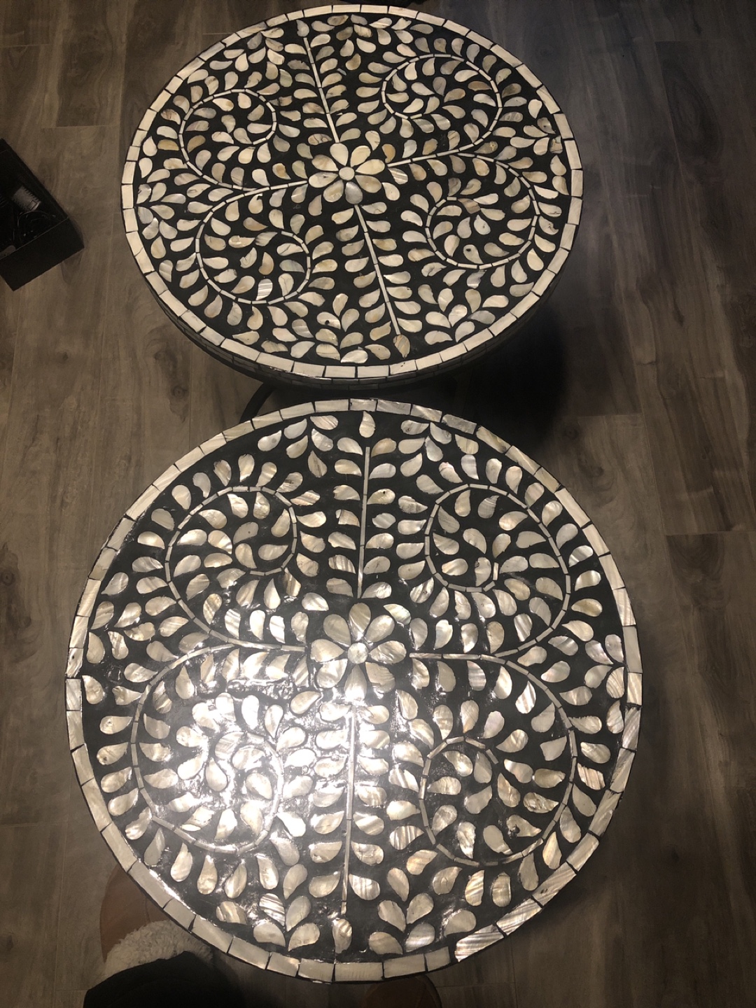 Two-Tiered Round Side Tables with Intricate Shell Design - photo 4