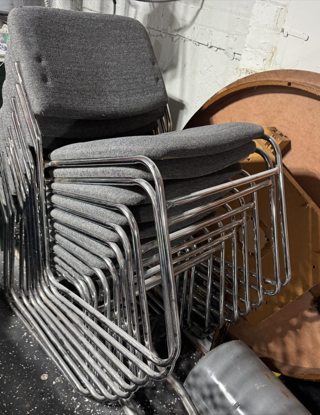 Set of Chrome and Gray Fabric Stacking Chairs