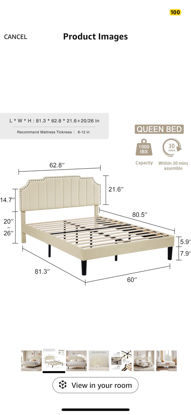 Queen Size Upholstered Bed Frame with Adjustable Headboard - photo 3