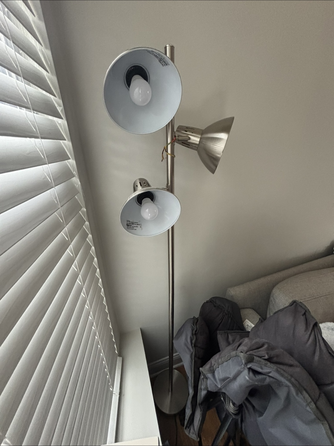 Industrial Three-Light Floor Lamp, Brushed Nickel Finish